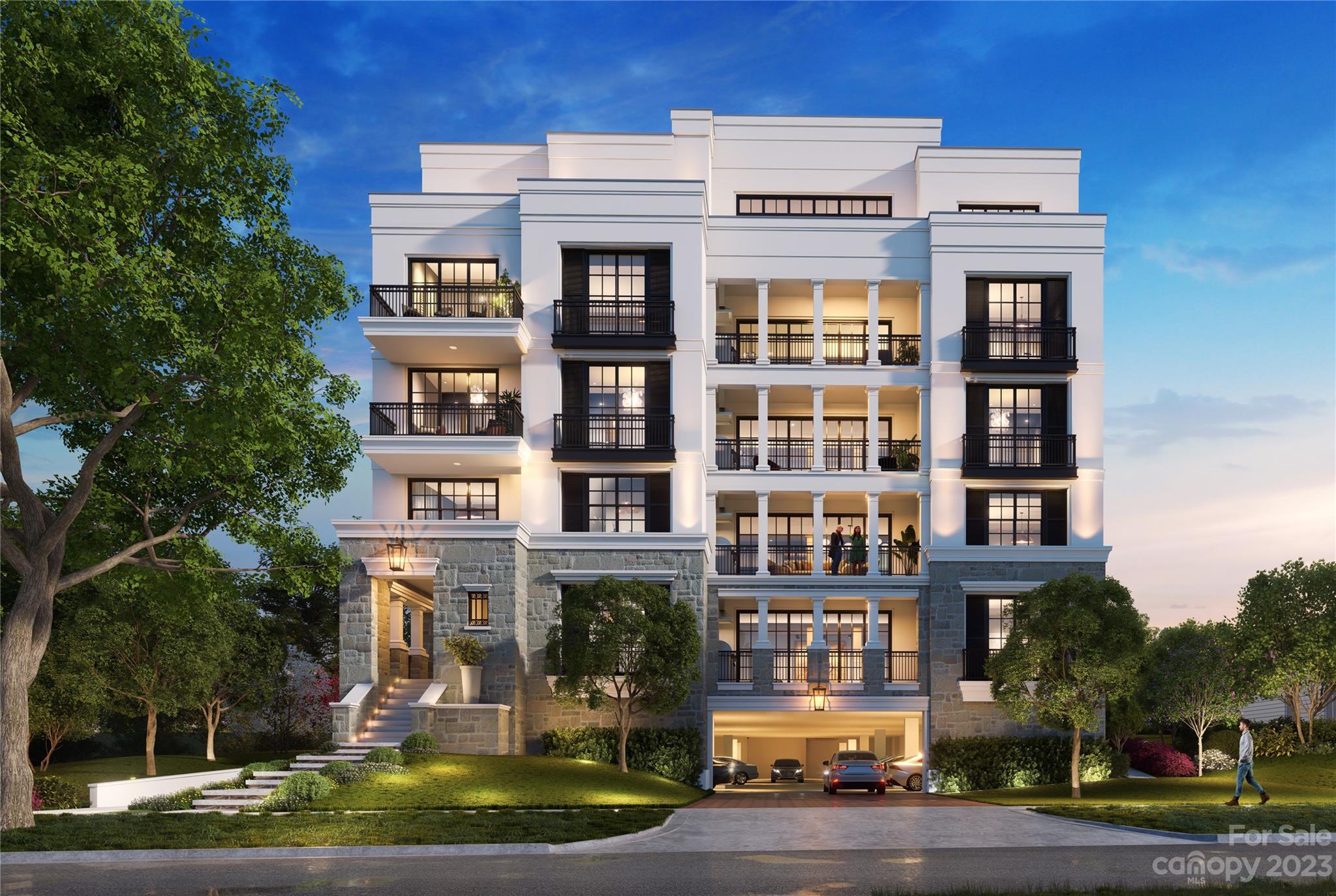 a front view of a building with street view