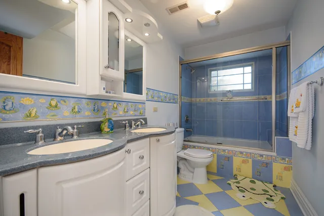 a bathroom with a sink a toilet a mirror a vanity and shower