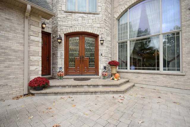 a building exterior with fireplace