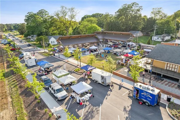 an aerial view of a house with a garden view