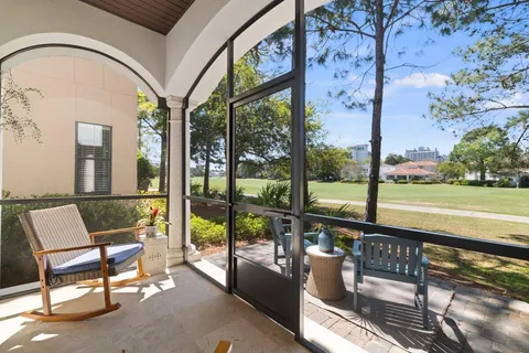 a building outdoor space with seating