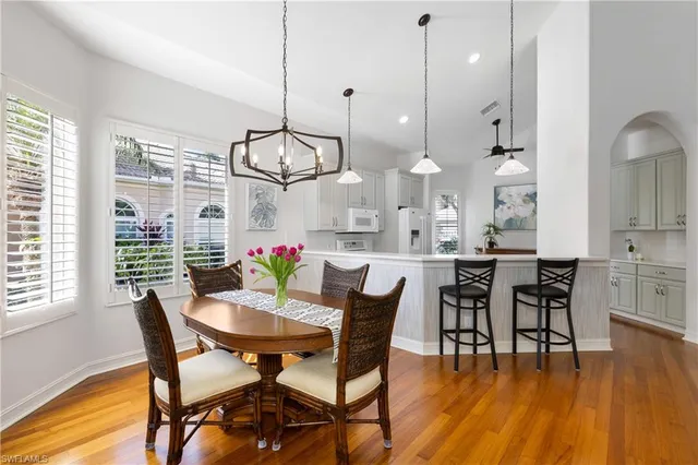 a view of a dining room with furniture window and wooden floor