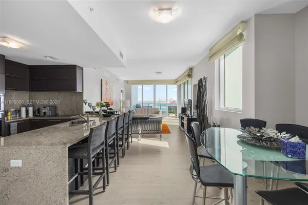 a view of a dining room with furniture
