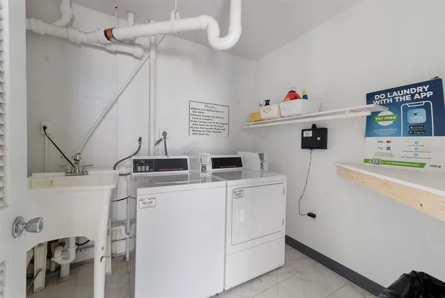 a view of a building with sitting area