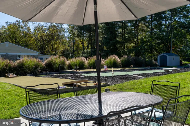 a swimming pool with outdoor seating and yard