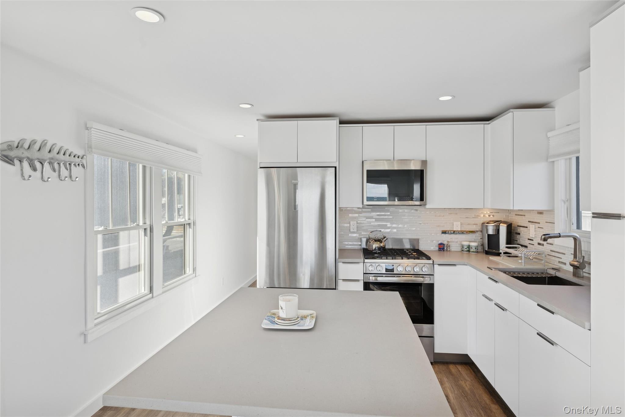 Kitchen with modern cabinets, stainless steel appliances, dark wood finished floors, decorative backsplash, and white cabinetry