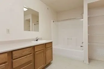 a bathroom with a tub sink and mirror