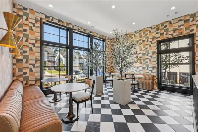 an aerial view of a swimming pool