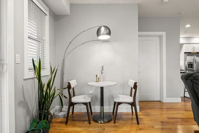 a view of a dining room with furniture