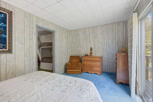 8505 South Snake Crk Road Salt Lake City, UT 84121 - Photo 34 of 67 Interior room with light wood-panel walls, light blue carpet, and a white ceiling with visible grid lines