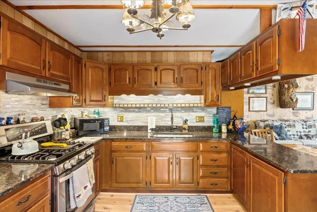 a kitchen with stainless steel appliances granite countertop a refrigerator and cabinets
