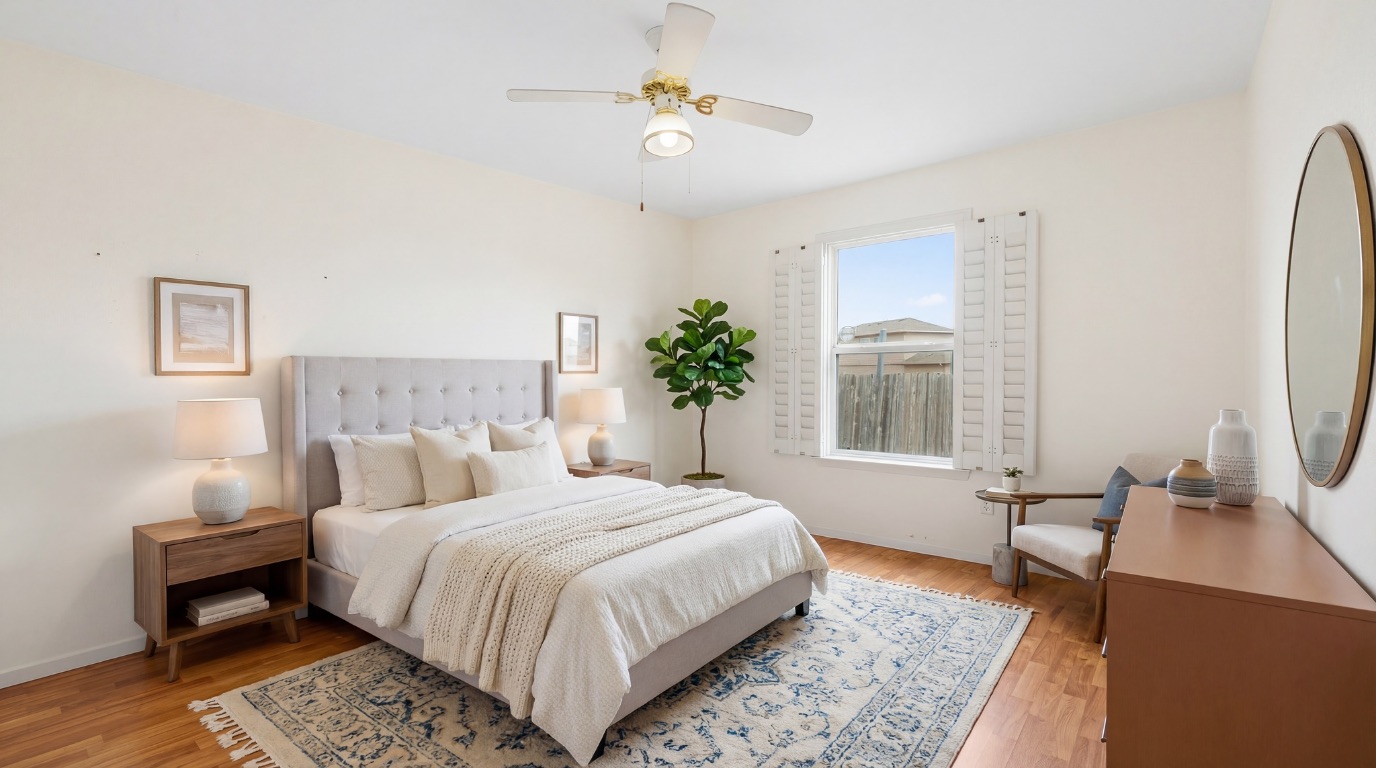112 Amherst Court Kyle, TX 78640 - Photo 2 of 38 a bedroom with a bed lamps and a large mirror