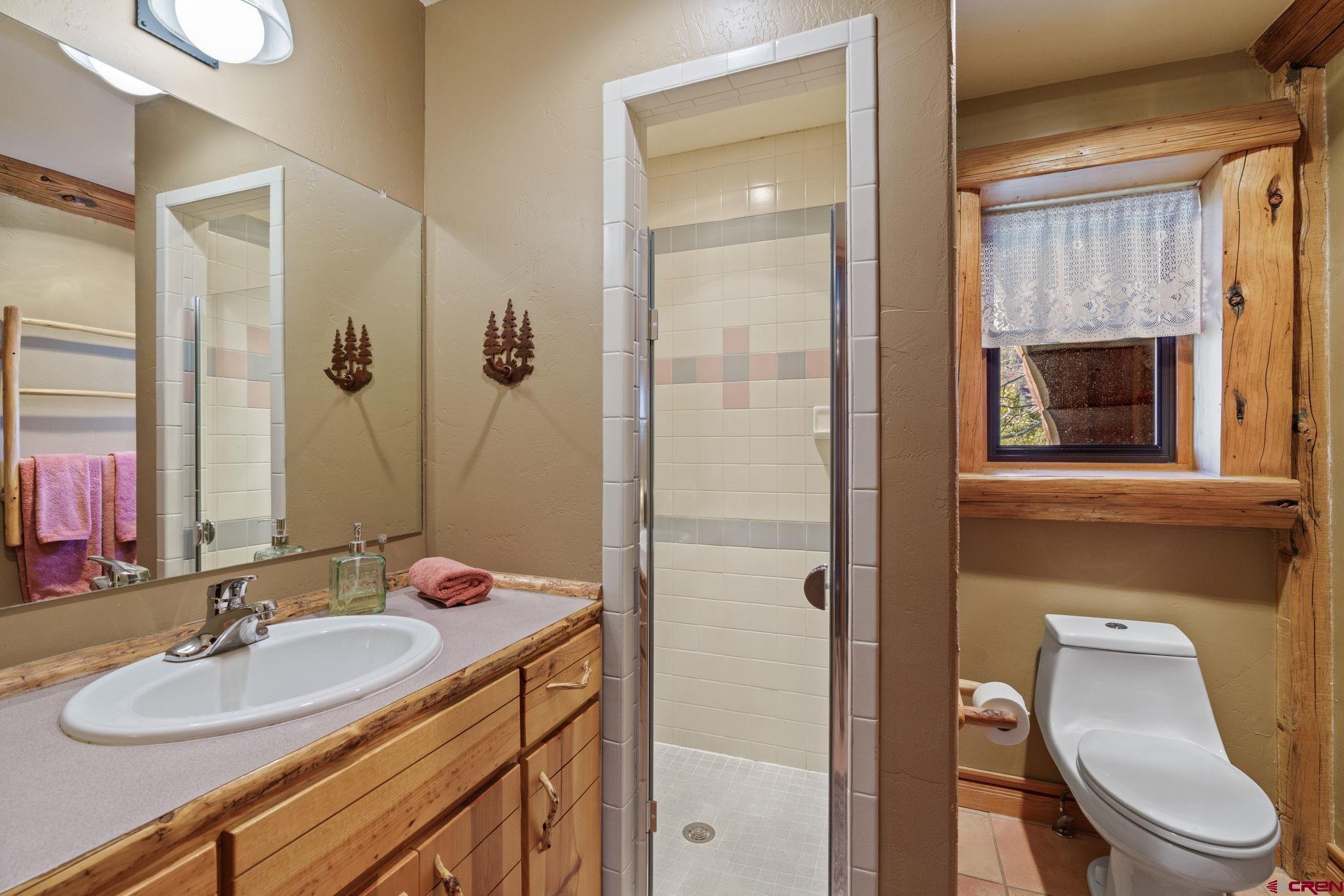 114 Rimrock Drive Durango, CO 81301 - Photo 18 of 42 a bathroom with a sink toilet a mirror and shower