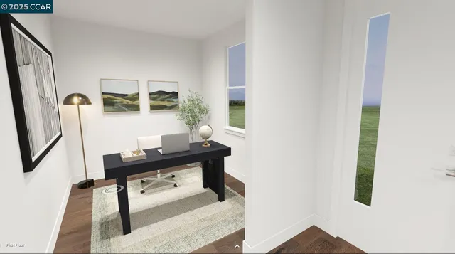 a view of workspace with wooden floor