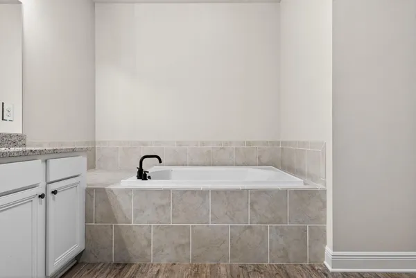 a bathroom with a granite countertop sink and mirror