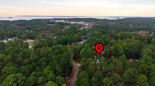 a view of a area with an umbrella and a forest view