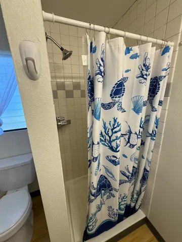 a bathroom with a shower and toilet