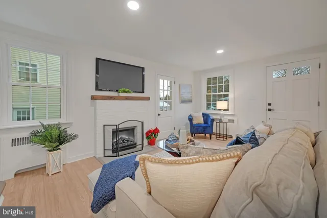 a living room with furniture fireplace and potted plants
