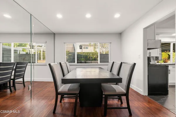 a view of a dining room with furniture window and wooden floor