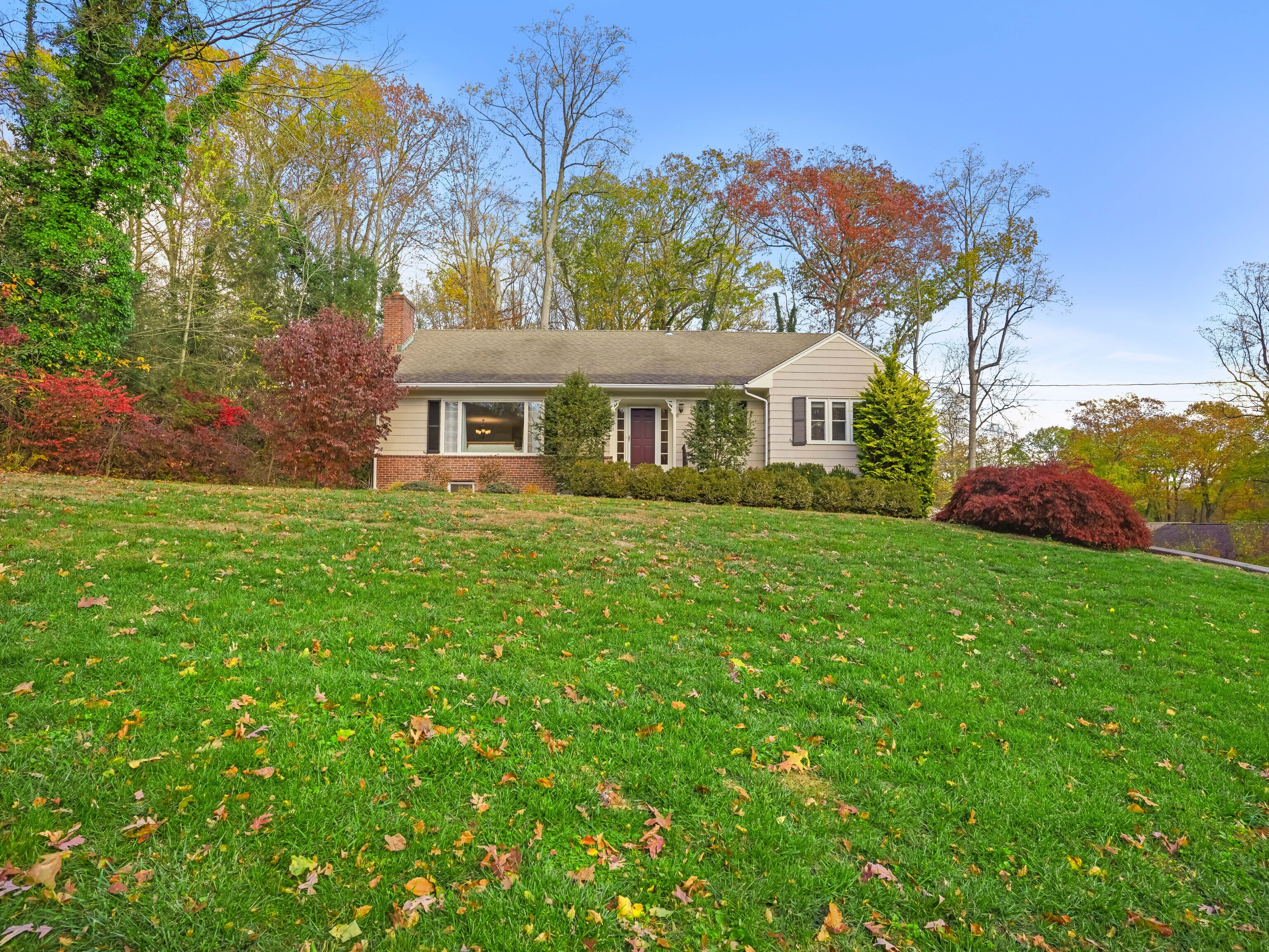 a front view of house with yard and green space