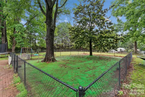 a view of a park with large trees
