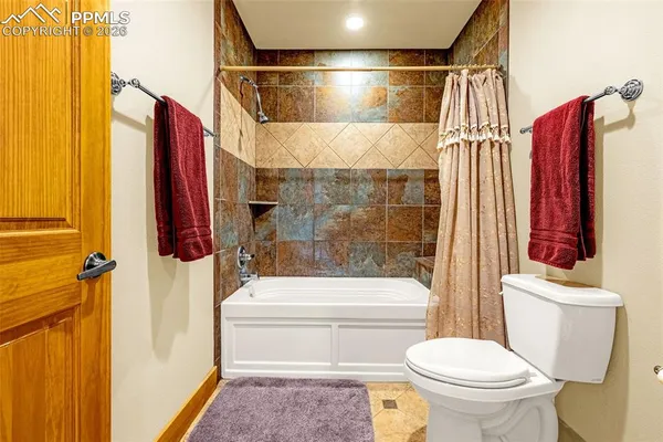 a bathroom with a toilet and a shower