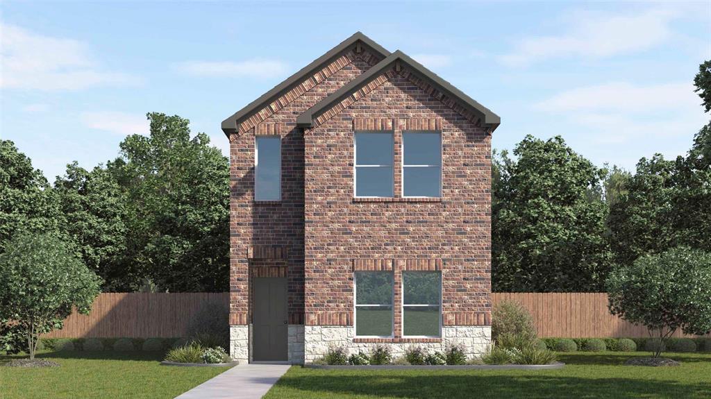 Two-story brick exterior featuring a stone accent foundation