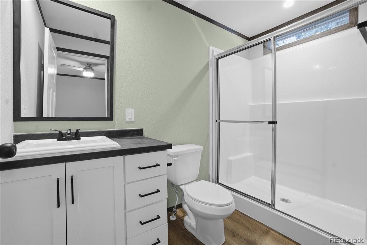 230 North 2nd Berthoud, CO 80513 - Photo 12 of 21 a bathroom with a shower sink vanity mirror and toilet