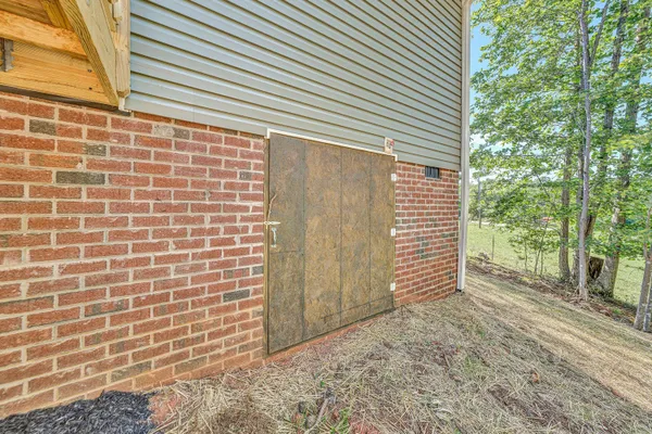 a view of a backyard with large trees