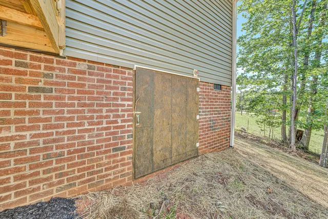 a view of a backyard with large trees