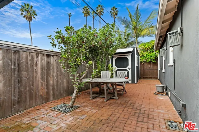 a view of a patio with a table and a potted plants