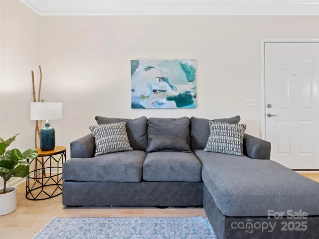 a living room with furniture and a potted plant