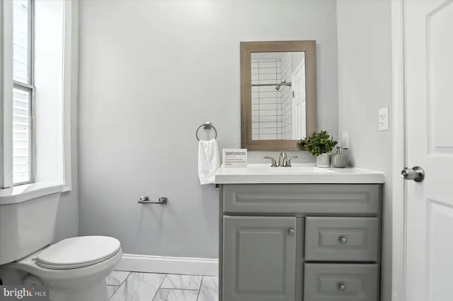a bathroom with a sink a toilet and mirror