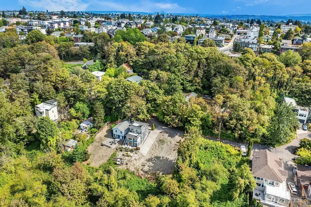 an aerial view of residential houses with outdoor space and trees
