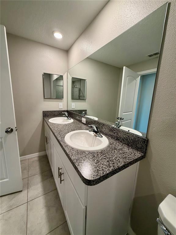 11826 Dumaine Valley Road Riverview, FL 33579 - Photo 29 of 54 a bathroom with a granite countertop sink a toilet a mirror and vanity