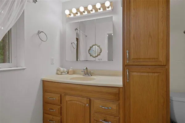 a bathroom with a sink a toilet and mirror