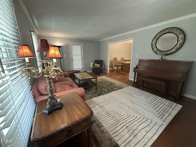 a living room with furniture a rug and a window
