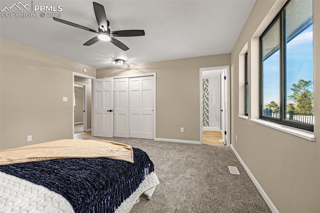 23 Newport Circle Colorado Springs, CO 80906 - Photo 20 of 49 a bedroom with a large bed and a chandelier