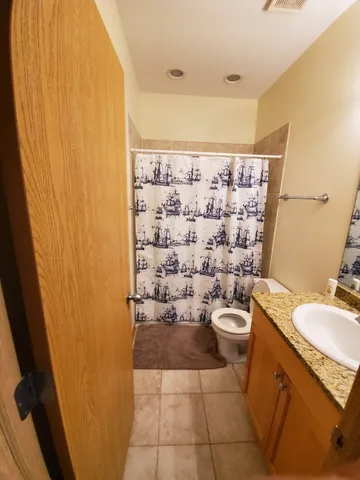 a bathroom with a sink a toilet and shower curtain