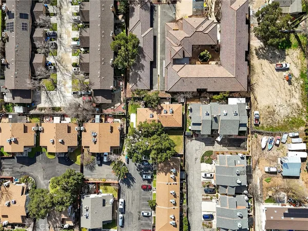 an aerial view of a house with swimming pool