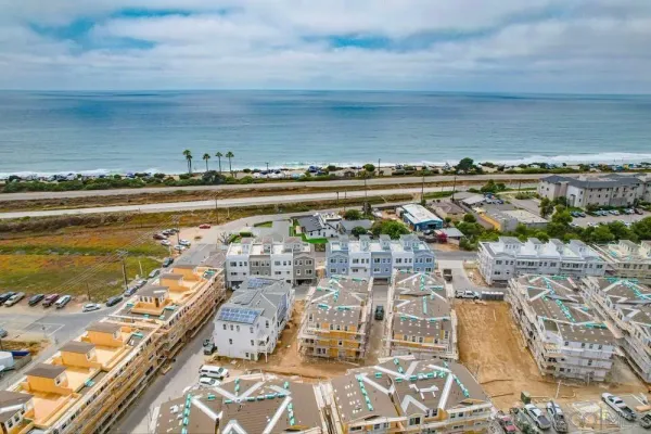 a view of a with large buildings