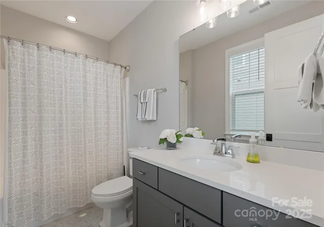a bathroom with a sink a toilet and shower curtain