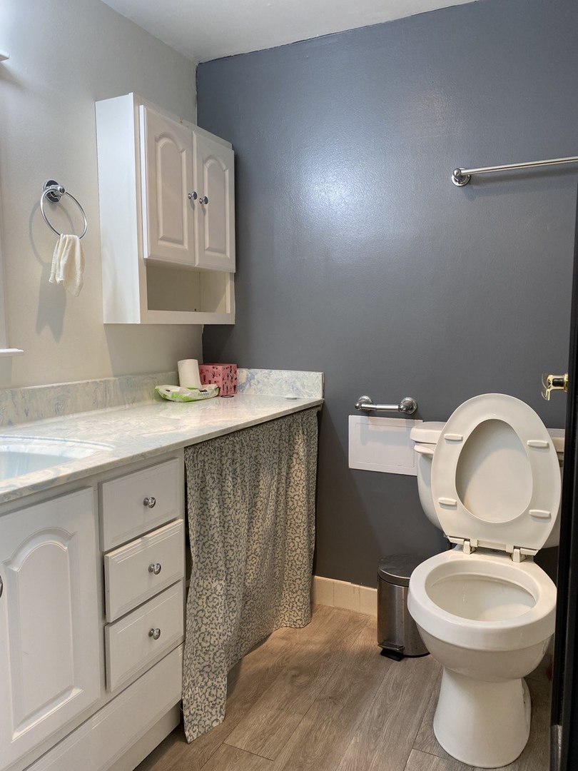 9128 West Terrace Drive, Unit 4B Niles, IL 60714 - Photo 13 of 24 a bathroom with a toilet sink vanity and mirror