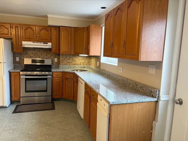 a kitchen with stainless steel appliances granite countertop a stove a sink and a microwave
