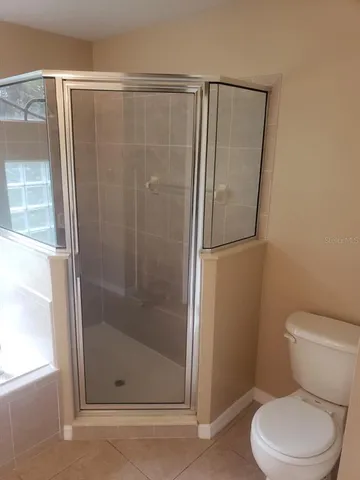 a bathroom with a shower and a toilet