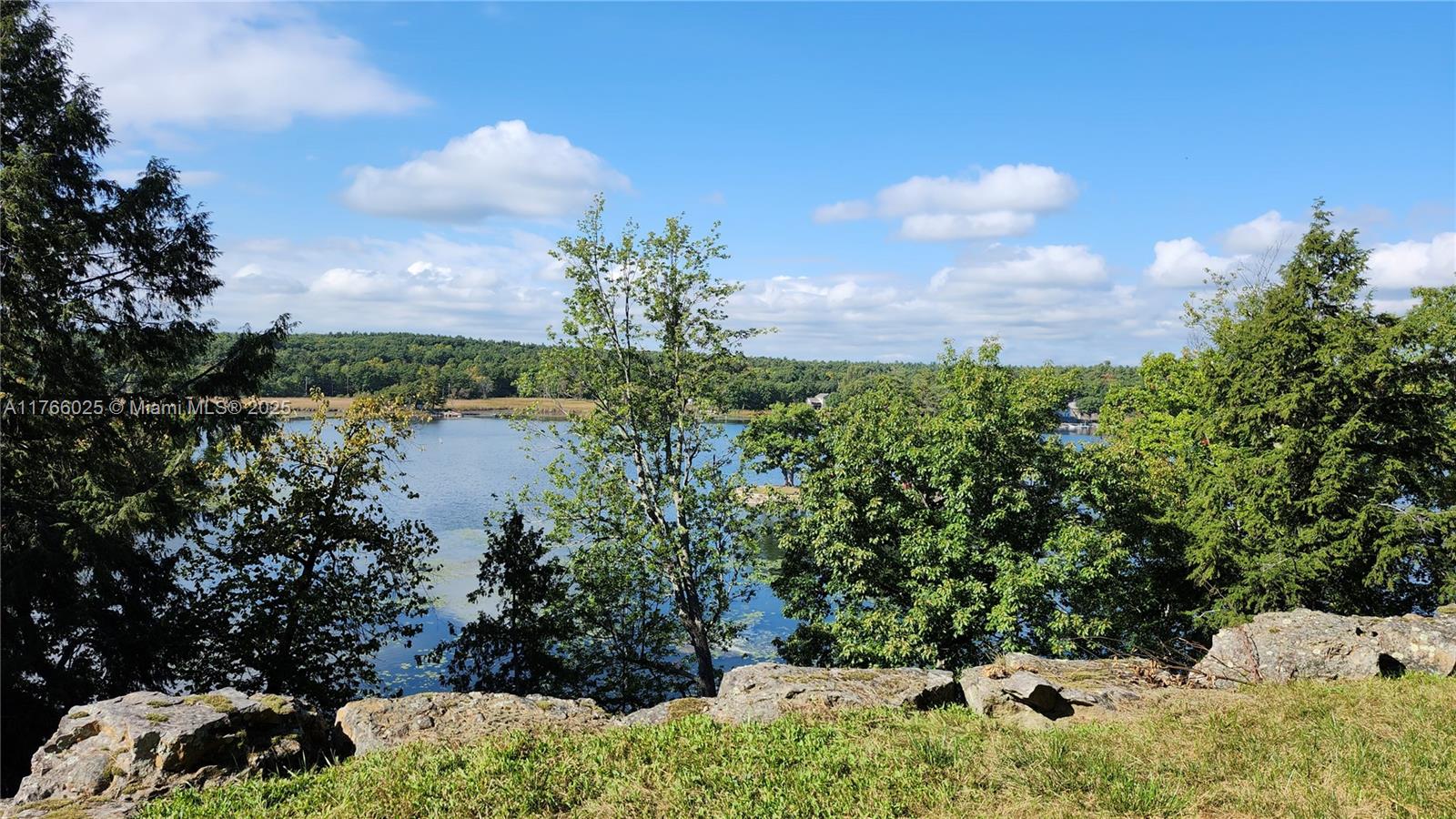 a view of a lake with a yard