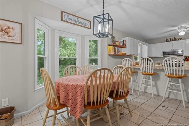 a view of a dining room with furniture window and outside view