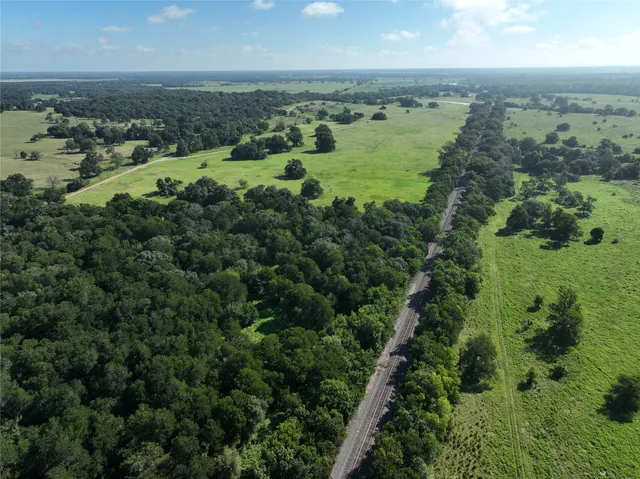 an aerial view of green landscape with trees houses and lake view