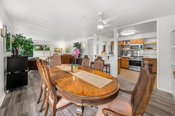 a view of a dining room with furniture
