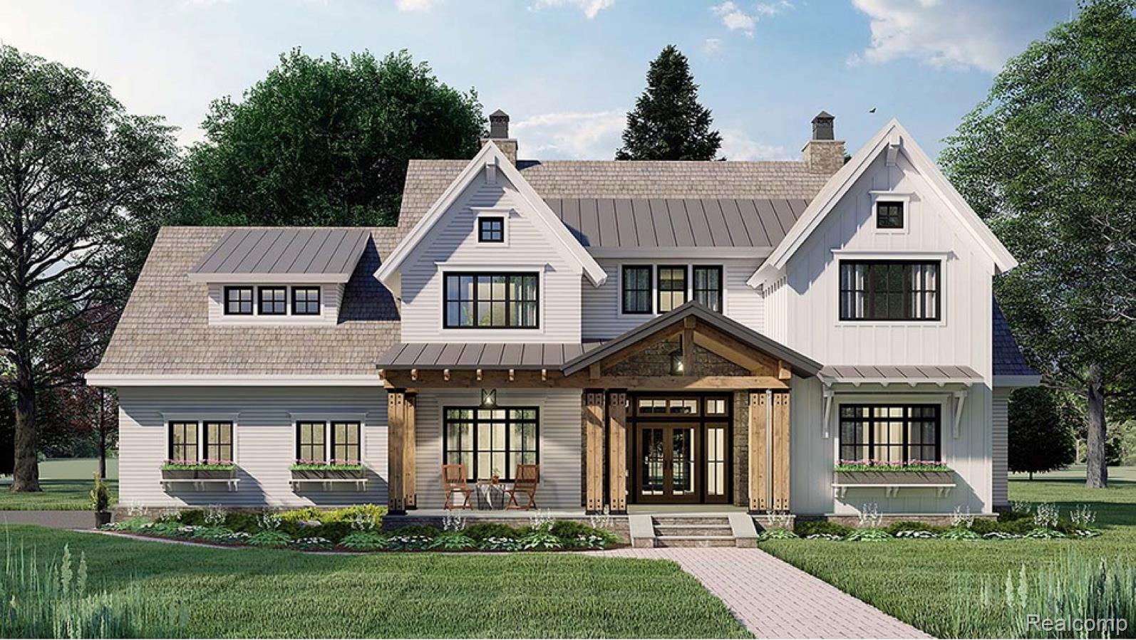 6 Timber Trail Fenton, MI 48430 - Photo 1 of 3 View of front facade with covered porch, a front yard, a chimney, a standing seam roof, and french doors